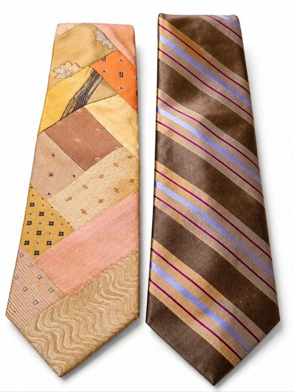 Yorktown Brown Striped Silk Tie and Fine Cesare Made in Italy Patchwork Silk Tie
